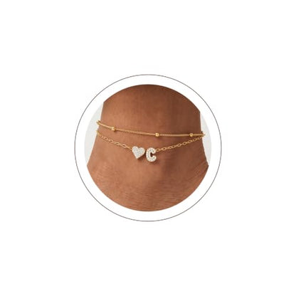 KeyStyle Heart Initial Ankle Bracelets for Women, Layered CZ A-Z Letter | 14K Gold Plated or Silver Stainless Steel Anklet, Hypoallergenic Waterproof Layered Jewelry for Daily Wear & Special Gifts - color: Gold-C