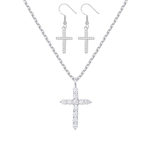 Cross Necklace and Sterling Silver Cross Earrings Jewelry Set for Women | Hypoallergenic Faith Crucifix Pendant Necklaces 14K Gold Plated Cubic Zirconia CZ Dangling Religion Jewelry - color: Silver