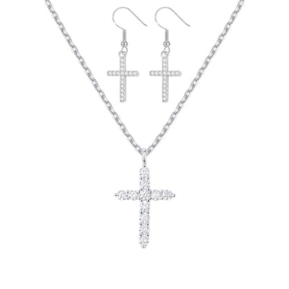 Cross Necklace and Sterling Silver Cross Earrings Jewelry Set for Women | Hypoallergenic Faith Crucifix Pendant Necklaces 14K Gold Plated Cubic Zirconia CZ Dangling Religion Jewelry - color: Silver