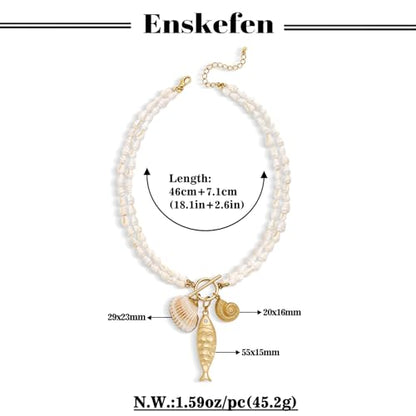 Shell Necklaces for Women Trend Boho Scarf Necklaces Ocean Mermaid Conch Seashell Necklace Summer Gold Fish Necklace Fashion Beach Jewelry - color: Shell fish beaded necklace