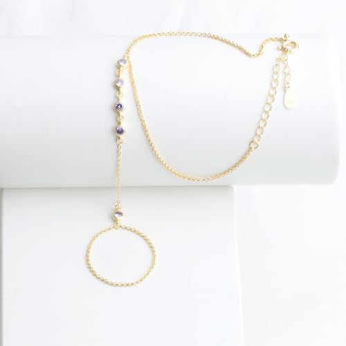 Kakikaki 925 Sterling Silver Finger Ring Bracelet Hand Chain for Women | Slave Bracelets 7" to 9" Adjustable - color: Gold, style: 5 Amethyst
