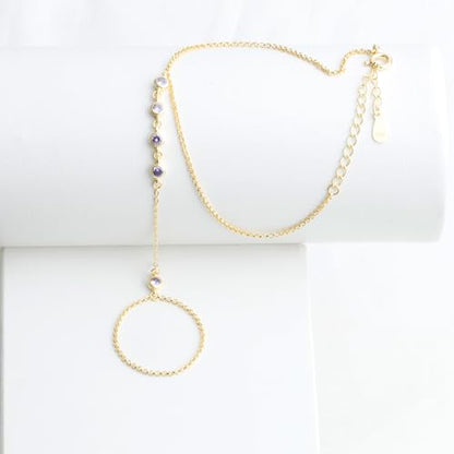Kakikaki 925 Sterling Silver Finger Ring Bracelet Hand Chain for Women | Slave Bracelets 7" to 9" Adjustable - color: Gold, style: 5 Amethyst