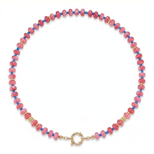BELLA-Bee Natural Stone Beaded Choker, Multi Color Boho Jewelry Gift | Small bead natural stone choker with stainless steel ring clasp — multicolor stone, handmade healing jewelry for vacation - color: Red