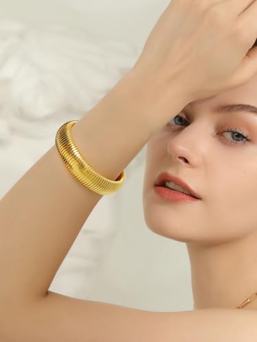 KeyStyle Bangle Bracelets For Women, Stainless Steel Stretch Bracelet Wide | 14K Gold/Rose Gold/Black/Silver Plated Flexible Wide Twisted Link Chain Wristband Jewelry, 10Mm, 16Mm, 20Mm - color: 20mm - Gold