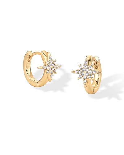 PAVOI 14K Gold Plated 925 Sterling Silver Posts Small Huggie Hoop Earrings for Women - Trendy Celestial North Star, Butterfly, Heart Hoop Earrings - Cubic Zirconia Cute Gold Motif Jewelry - Valentines Day Trendy Jewelry - style: North Star