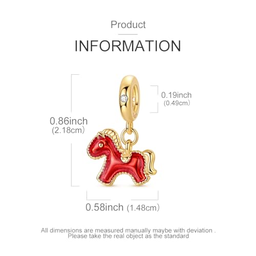 Hapour 925 Sterling Silver Charm for Bracelet Necklace Women Pendant Beads | Virgin Mary Charm, Religious Cross Heart Dragon European Jewelry Mom Charm - color: Golden Red Pony