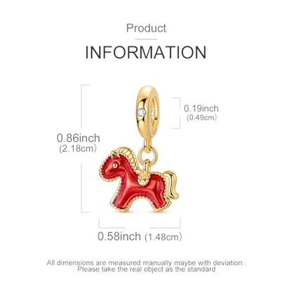 Hapour 925 Sterling Silver Charm for Bracelet Necklace Women Pendant Beads | Virgin Mary Charm, Religious Cross Heart Dragon European Jewelry Mom Charm - color: Golden Red Pony