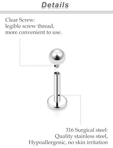 20G 18G 16G 14G 12G Lip Labret Medusa Monroe Rings Studs 316L Surgical Steel Flat Back Tragus Helix Cartilage Earring Stud Piercing Jewelry Bar Length 8mm 10mm 12mm Mix Color 18PCS - color: Silver, size: 18G(1.0mm)-6/7/8mm Bars-3mm Balls