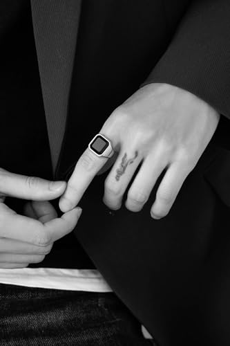 VQYSKO 14K Gold Plated Square Signet Ring | Stainless Steel Band for Men - color: Silver+Black