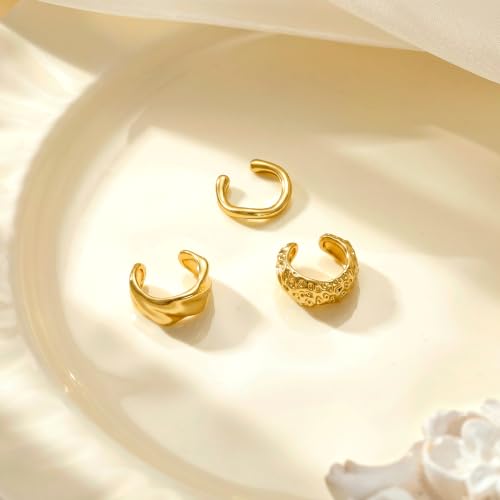14K Gold Plated Layered Chunky Ear Cuff for Women Thick Ear Clips | Ear Cuff Earrings for Women,Hammered Texture design，Lightweight Hypoallergenic Ear Clips，trendy Jewelry for Daily Party Prom - color: gold 6