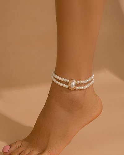 Layered Pearl Ankle Bracelets Dainty Boho Pearl Stretch Ankle Chain Trendy Waterproof Non Tarnish Anklets Summer Beach Foot Chain Jewelry Gifts for Her