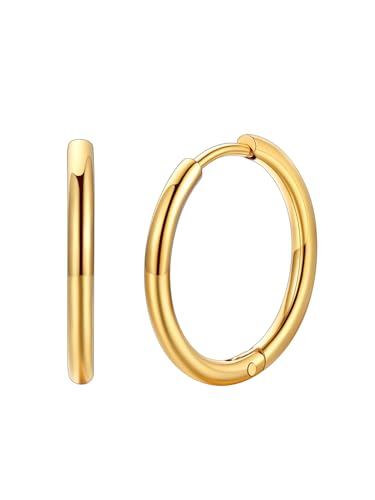FaithHeart Stainless Steel Black/Silver/Gold Huggie Hoop Earrings for Men | Hypoallergenic Small Hoop Earrings Lightweight Sleeper Earrings Waterproof Cartilage Piercing Jewelry Gift 8-16mm - color: Gold-Round, size: Diameter 16mm