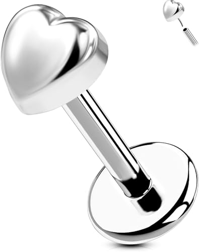 OUFER G23 Titanium Threadless Labret Studs – Flat Back Push Pin Earrings for Tragus, Helix, Monroe, Conch, Lip Piercing – 16G/18G, 6MM/8MM - color: Silver-Heart, size: 18g 6mm