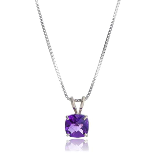MAX + STONE 925 Sterling Silver Cushion Cut Birthstone Necklace for Women | 6mm Hypoallergenic Solitaire Necklace | Gemstone Pendant Necklaces with 18 inch Box Chain - color: Amethyst