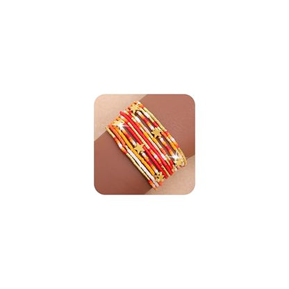 Gold Seed Beaded Bracelets Set for Women, Boho Handmade Friendship Stretch Summer Beach Jewelry Gift. - color: Fall Orange
