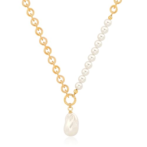 Aobei Pearl 18K Gold Plated Pendant Necklace for Women Dainty Gold Chain Choker Love Heart Disc Coin Pearl Cross Toggle Jewelry - style: Baroque Pearl