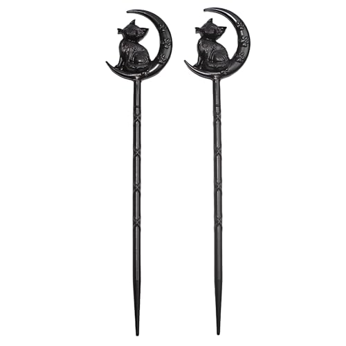 2PCS Retro Halloween Hair Sticks For Women Black Gothic Witch Moon Cat Hairpin Hair Styling Pins (CAL1) - color: CAL1