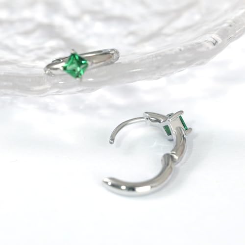 316L Surgical Steel Birthstone Hoop Earrings for Women | Lightweight, 5A Cubic Zirconia, Hypoallergenic, Lead & Nickel Free, 8mm Huggie Hoops - color: Silver: 05. May (Emerald)