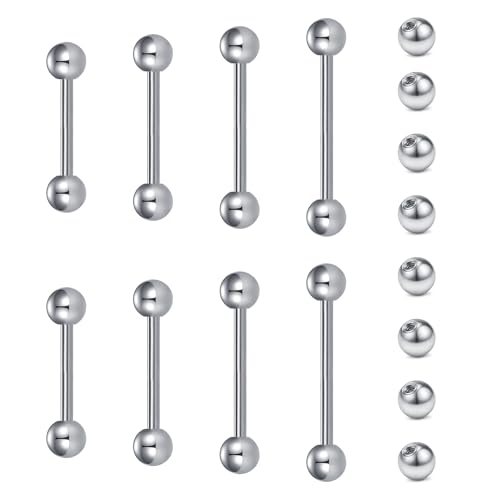 VCMART Nipple Rings Tongue Rings Stainless Steel 14G Straight Barbells Piercing Jewelry 12mm,14mm,16mm,18mm - color: 1 -silver with replacement balls