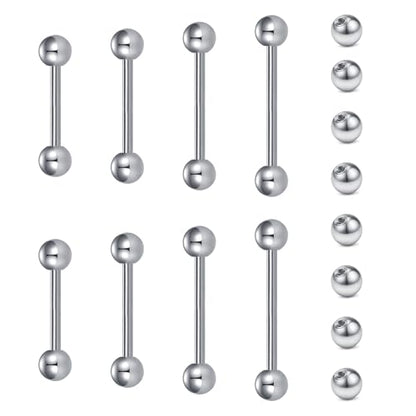 VCMART Nipple Rings Tongue Rings Stainless Steel 14G Straight Barbells Piercing Jewelry 12mm,14mm,16mm,18mm - color: 1 -silver with replacement balls