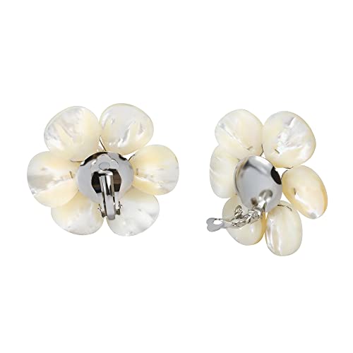 AeraVida Hand Carved White Mother of Pearl Flower Clip On Earrings Handmade Artisan Pearl Floral Statement Jewelry | Non Pierced Earrings for Women