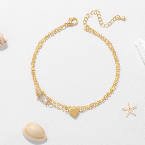Birthstone Anklet with Heart Charm Layer Ankle Bracelet for Women, 14K Gold Plated Adjustable Chain Stackable Trendy Jewelry Gift for Her, Mom, Friend, Wife - style: 4-April