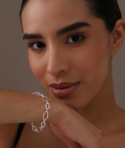 LeCalla 925 Sterling Silver Hammered Link Bracelets for Women | Handmade Bohemian Textured Chain & Oval Link Bracelet | Women's Adjustable Paperclip, Circle & Oval Hammered Bracelets - color: Oval Link