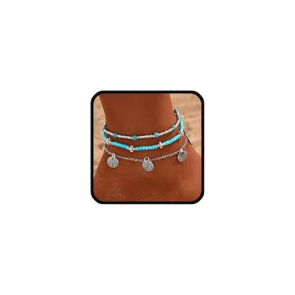 Stack Anklets Ankle Bracelets for Women Adjustable Waterproof Beach Jewelry Set Boho Gold Seashell Bead Surf Foot Chain Summer Gifts - color: 3pcs-Blue