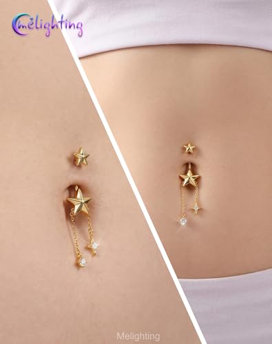 Melighting 14G Gold Belly Button Ring Dangle Chain, 10 mm Stainless Steel Belly Piercing Jewelry with CZ Heart Star Design, Cute Silver Navel Ring for Beach Daily Wear Women - color: Gold Star