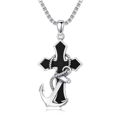 ROMANTICWORK Cross Necklace for Men 925 Sterling Silver Three Nail Cross/Atheist/Anchor/Skull Pendant Christian Protect Jewelry Birthday Gifts for Husband - color: Black Onyx Anchor Cross