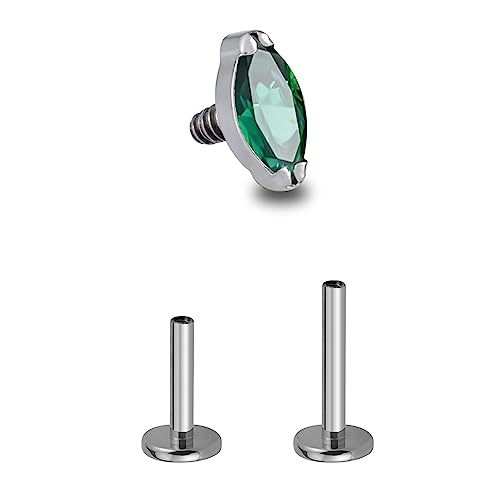 1PC Tragus Conch Helix Flat Labret Piercing Jewelry 16G 6mm 8mm - ASTM F136 Titanium Cartilage Earring Flatback Stud, Implant Grade Internally Threaded Hypoallergenic Body Jewelry (Clear CZ) - color: Green Marquise CZ - Tit