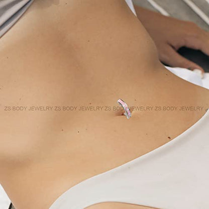 ZS 14G Clicker Belly Button Rings for Women, 925 Sterling Silver Opal Belly Barbell Piercing Reverse Curved Navel Barbell Body Jewelry - color: Pink Opal:16G,8mm