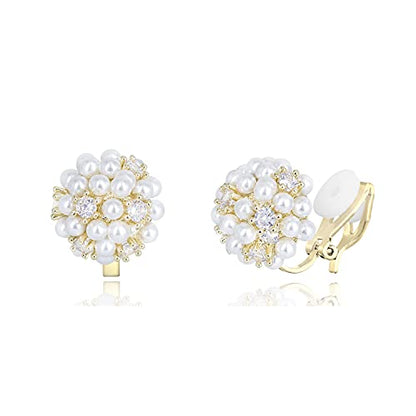 YOQUCOL Simulated Pearl Flower-Cluster Shape Clip On Stud Earrings Non Pierced Ear Earrings for Women - color: B