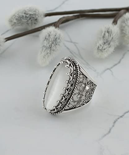 Filigranist 925 Sterling Silver Handcrafted Filigree Art Women Oval Boho Statement Ring with Gemstones, Gift Boxed - color: Mother of Pearl, size: 10.5