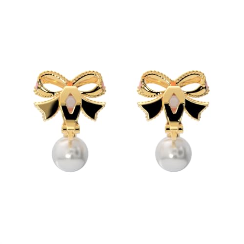 Simulated Pearl Clip On Stud Earrings - style: Pink Bow with Dangling Pearls
