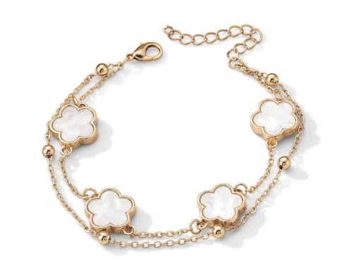 Gold-Tone Double Layer Clover Charm ankle Bracelet, black stone, Adjustable - color: White And Gold