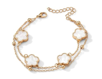 Gold-Tone Double Layer Clover Charm ankle Bracelet, black stone, Adjustable - color: White And Gold