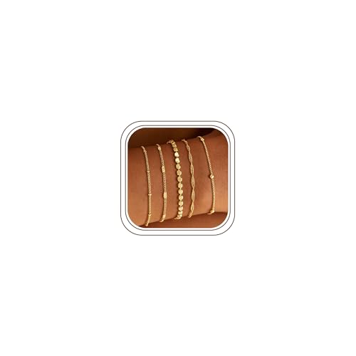Gold Bracelet for Women, Waterproof Jewelry,5PCS | 14K Gold Plated Bracelets Stacks Non-Tarnish, Lightweight & Comfy, Trendy Adjustable Dainty Links, Women’s Jewelry Gift - color: 5 pcs Big Satellite+Satellite+Twist+Flat Curb+Small Satellite
