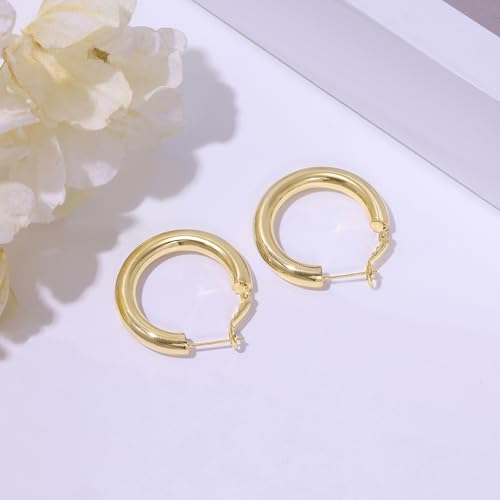 sovesi Chunky Hoop Earrings for Women, 14K Gold Plated Thick Hoops | 5mm Thick Hollow Tube Chunky Lightweight Hypoallergenic Hoop Earrings for Women - style: Gold 30MM
