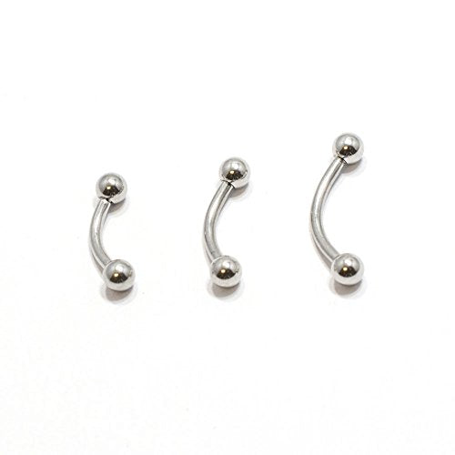 Eyebrow Ring Pack of 3 Surgical Steel 16G Curved Barbell - 6mm, 8mm, 10mm