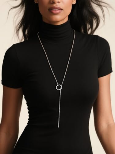 FOCALOOK Long Necklaces for Women, 14K Gold Plated Lariat Drop Bar Pendant | Hypoallergenic, 28"-30" Long Y-Shaped Chain, Layered Look, Minimalist Trendy Jewelry, Pairs Perfectly with V-Necklines - color: 01:Silver