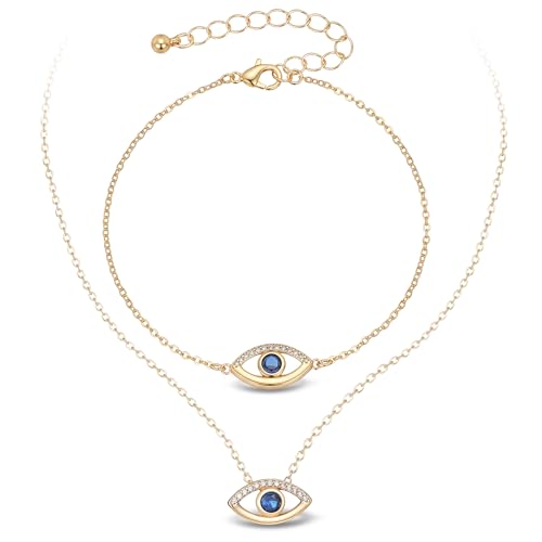SEADAY Layered Gold Necklace for Women, 3-in-1 Gold Stack Necklace | Long Gold Necklace, Square, Hypoallergenic, Tarnish-resistant & Adjustable, Fashion Jewelry Gift Box & Gift Bag - color: Gold-Blue Eye Set