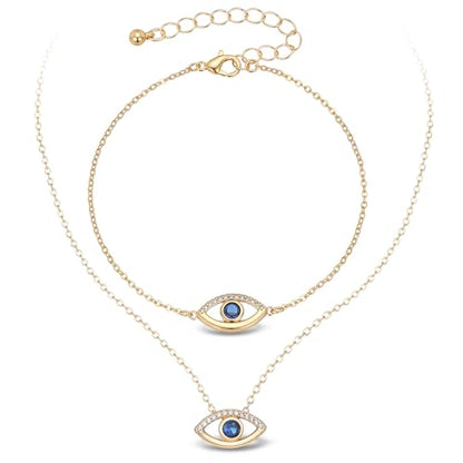 SEADAY Layered Gold Necklace for Women, 3-in-1 Gold Stack Necklace | Long Gold Necklace, Square, Hypoallergenic, Tarnish-resistant & Adjustable, Fashion Jewelry Gift Box & Gift Bag - color: Gold-Blue Eye Set
