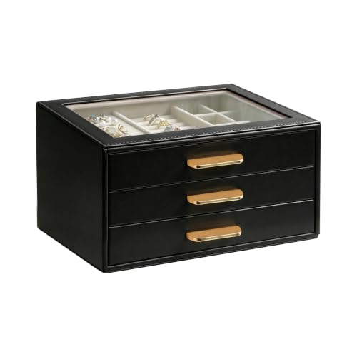 Homeanda Glass Lid Jewelry Boxes for Women, 3-Layer PU Leather Organizer with 2 Drawers, Display Storage for Rings Necklaces Earrings Bracelets Watches, Gift for Wife and Girls (Black) - color: Black, size: 3 Layer (8.4"D x 5.7"W)