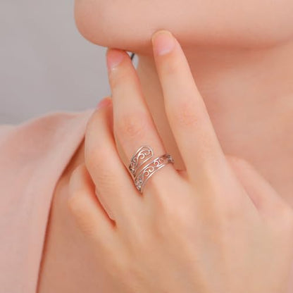 TEAMER Adjustable Filigree Flower Ring Stainless Steel Filigree Flower Ring Bohemian Jewelry Band Open Ring For Women - color: Silver