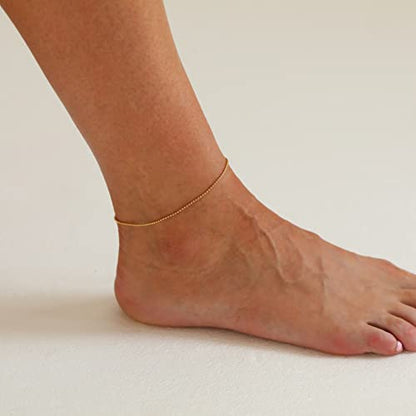 Dainty Ankle Bracelets for Women 18K Gold Plated Waterproof | Satellite Beaded Herringbone Lip Chain Anklets Simple Minimalist Summer Beach Foot Jewelry, Gift Box Included - color: Ball Chain-Gold