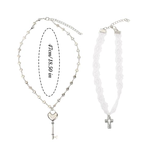 White Lace Cross Strap Key Choker Necklace for Women Cool Heart Chain Double Layer Necklace Fashion Party Jewelry Gift