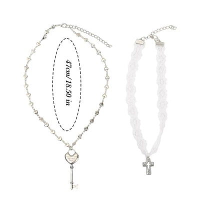 White Lace Cross Strap Key Choker Necklace for Women Cool Heart Chain Double Layer Necklace Fashion Party Jewelry Gift