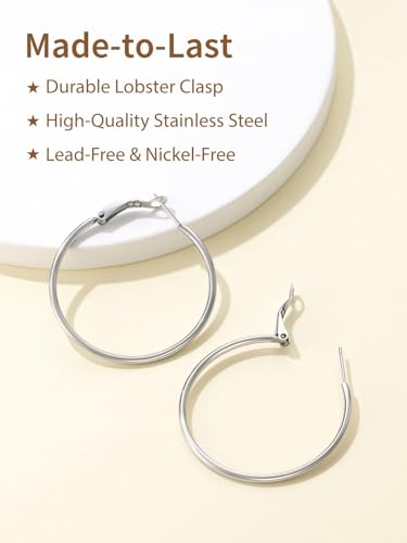 FindChic Thin Hoop Earrings for Women,Silver/Black/Gold Plated 20-100mm - color: Silver, size: 40mm