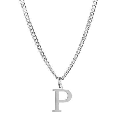 Men’s Minimal Initial Necklace, Stainless Steel Gold Silver Tone 26 Letters Pendant Necklace for Men Women 3.5mm Cuban Chain Waterproof - style: P